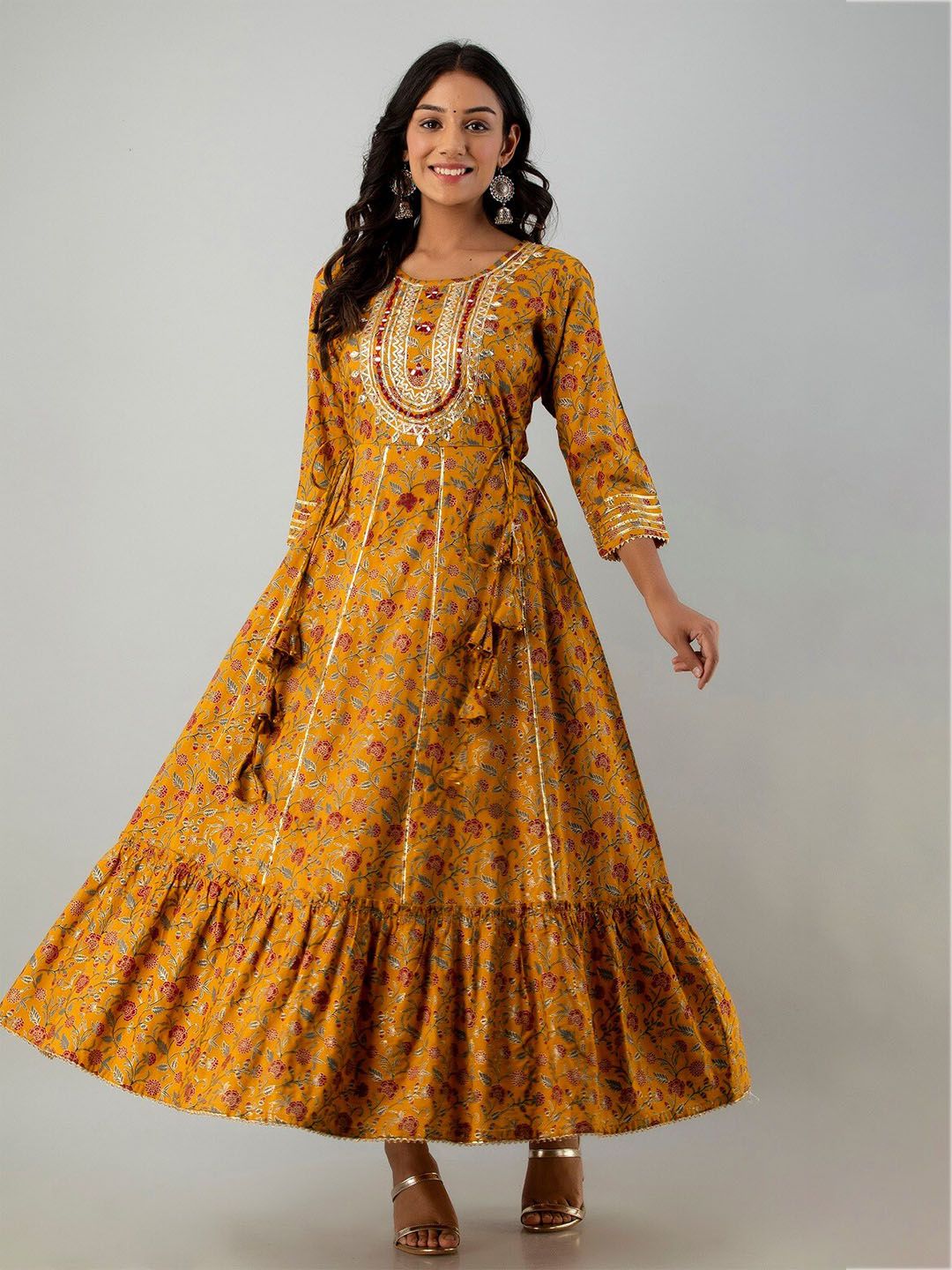 Juniper Women Mustard Yellow Ethnic Motifs Ethnic Maxi Dress Price in India