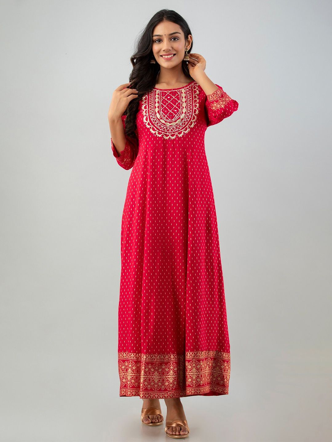 Juniper Women Red & Gold Printed Maxi Ethnic Dress Price in India