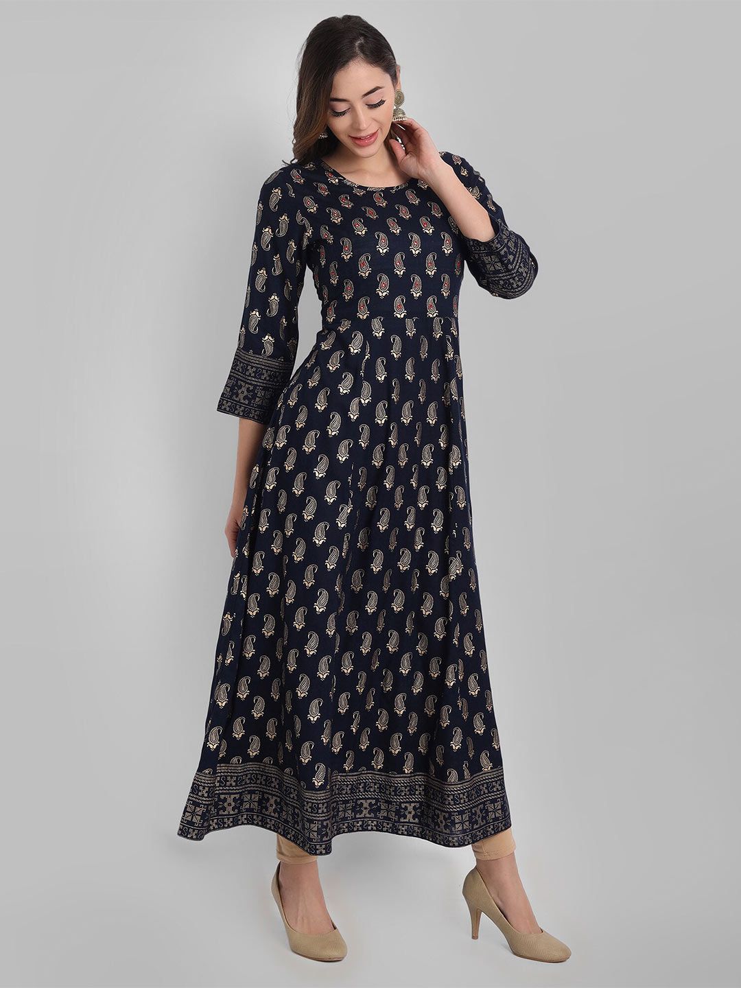 Juniper Navy Blue & Gold-Toned Ethnic Motifs Ethnic Maxi Dress Price in India