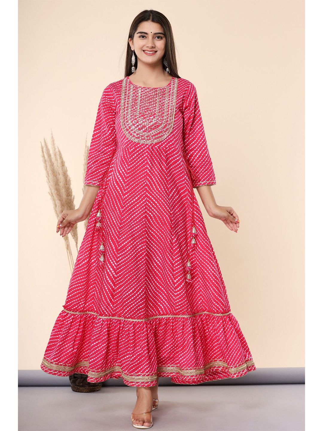 Juniper Fuchsia Printed Cotton Gota Patti Embroidered Maxi Ethnic Dress Price in India