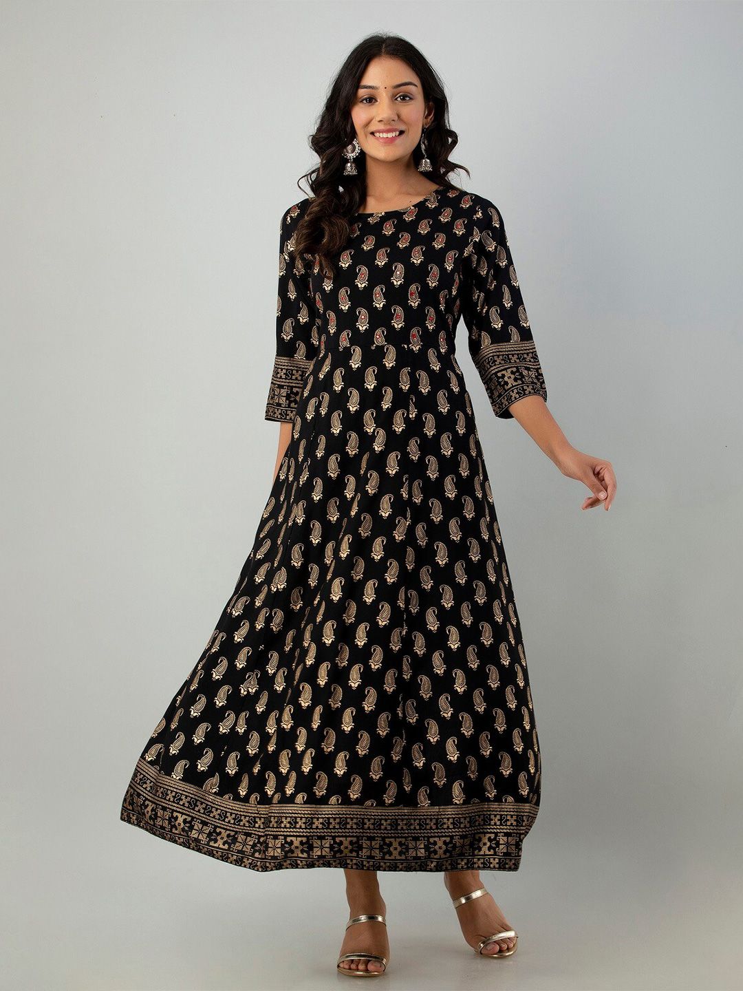 Juniper Black & Gold-Toned Ethnic Motifs Ethnic Maxi Dress Price in India