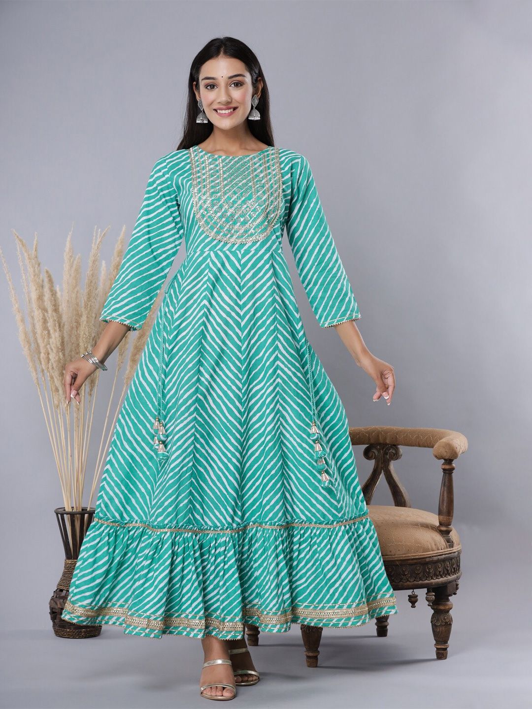 Juniper Women Green Embellished Cotton Ethnic Maxi Dress Price in India