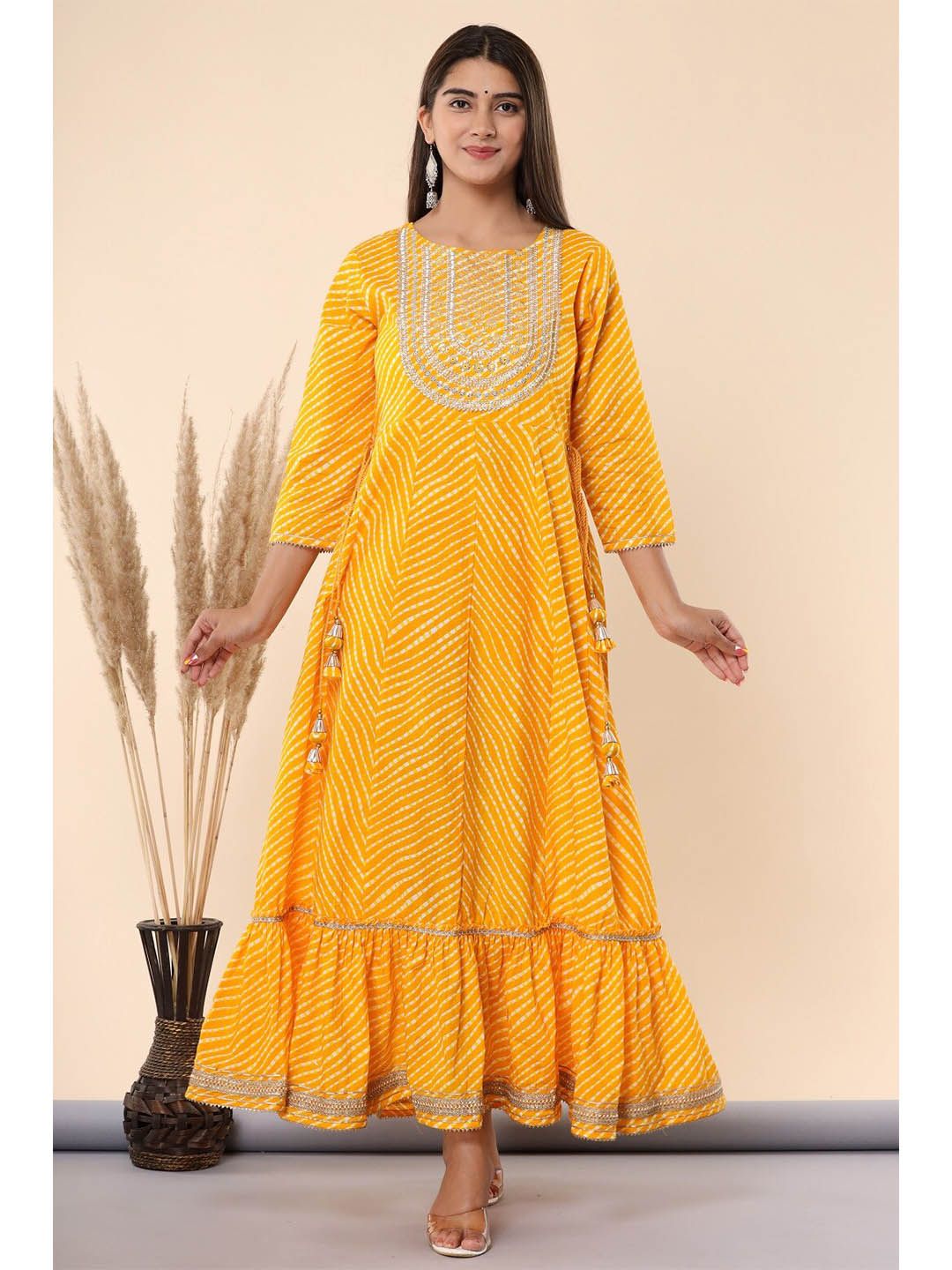 Juniper Women Yellow Ethnic Printed Sequin  Cotton Maxi Dress Price in India