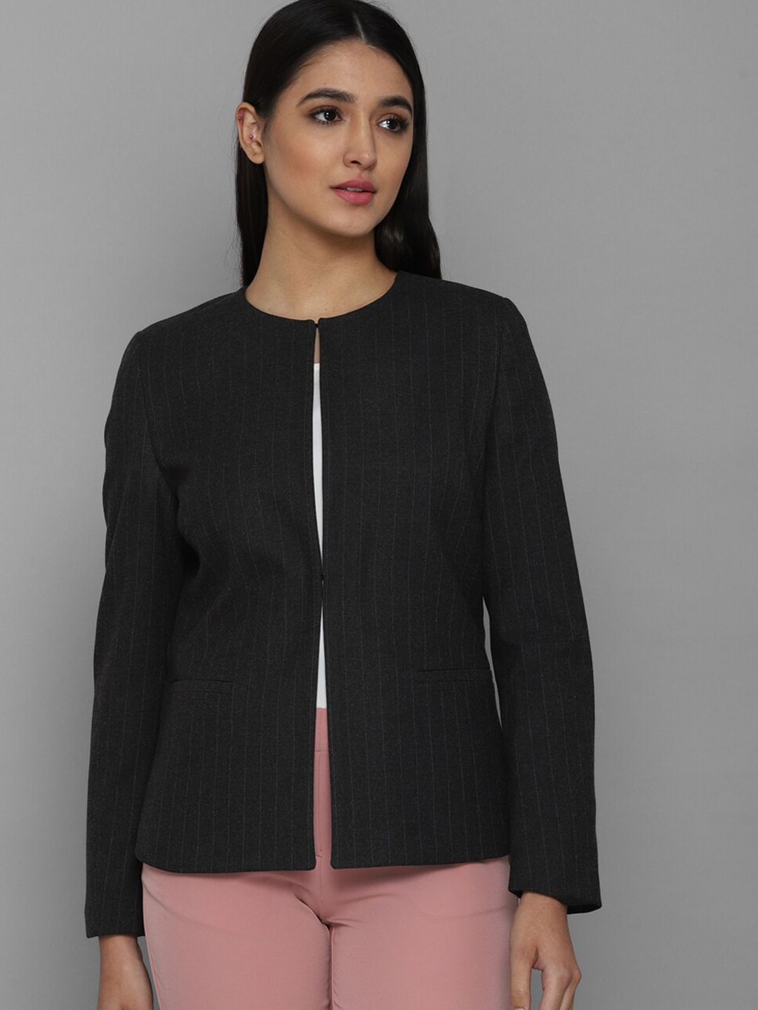 Allen Solly Woman Black Striped Single Breasted Casual Blazer Price in India