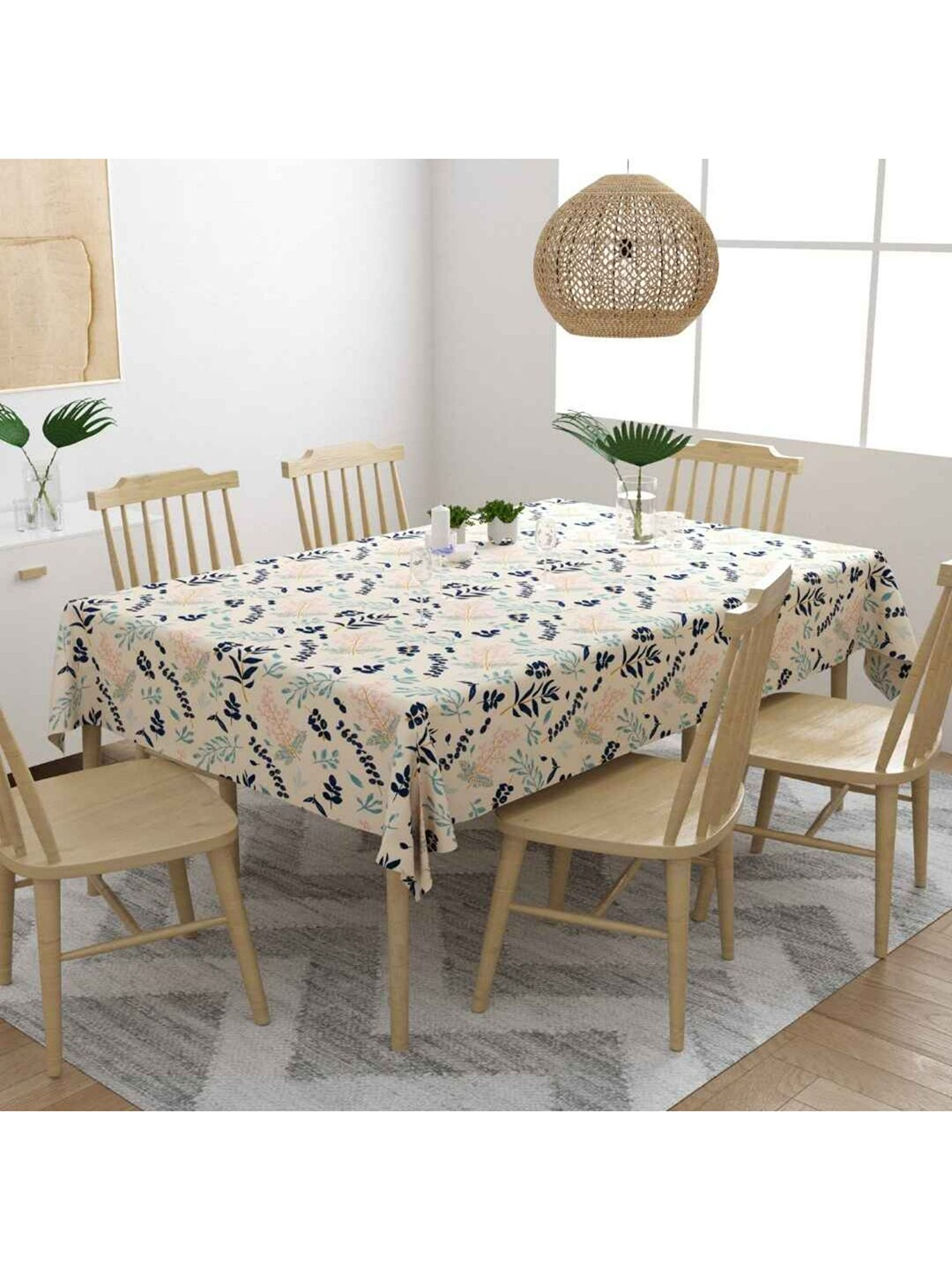 haus & kinder Beige & Blue Printed 6-Seater Table Cloth Price in India
