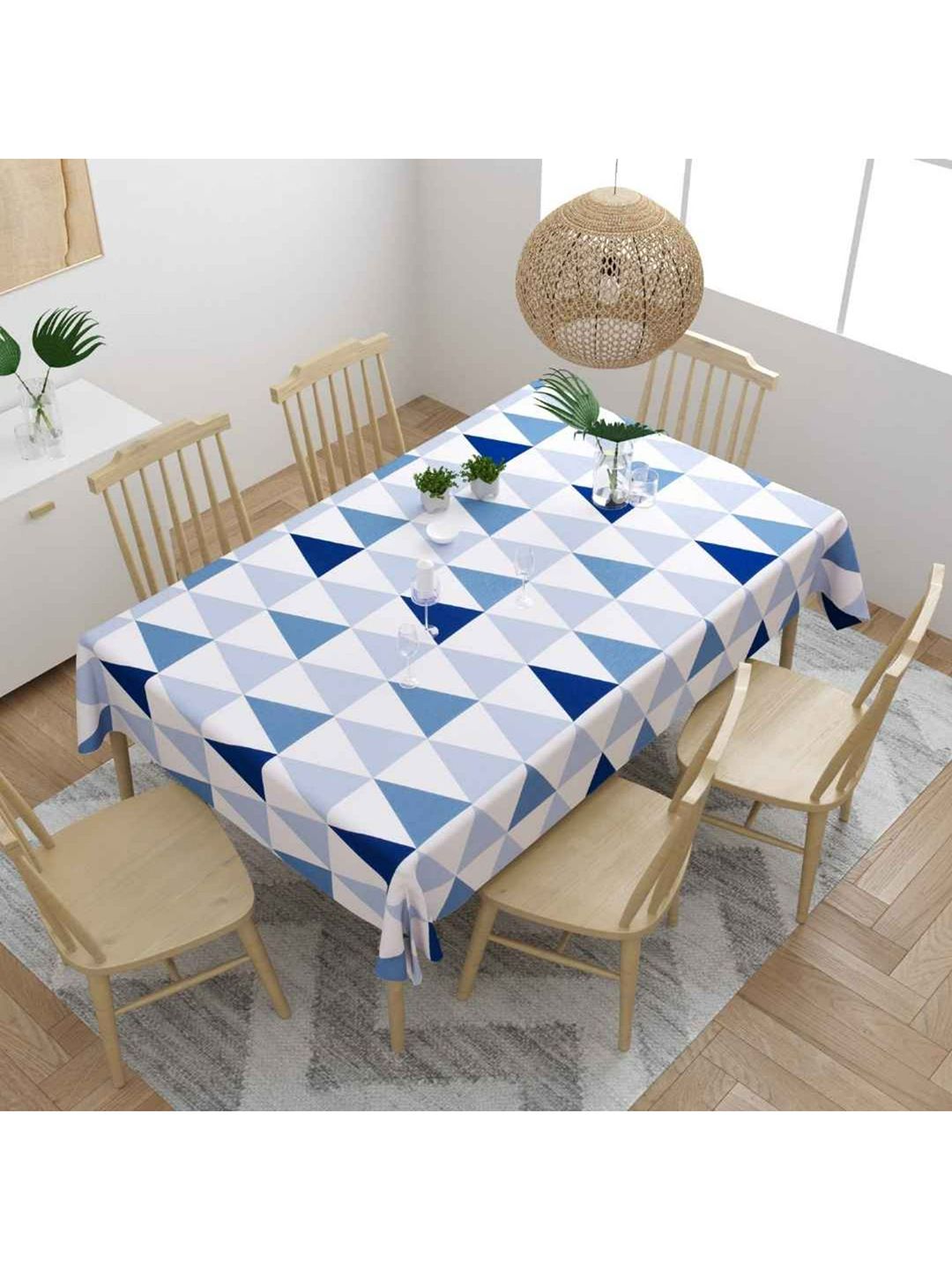 haus & kinder Blue & White Geometric Printed Cotton 6-Seater Table Cloth Price in India