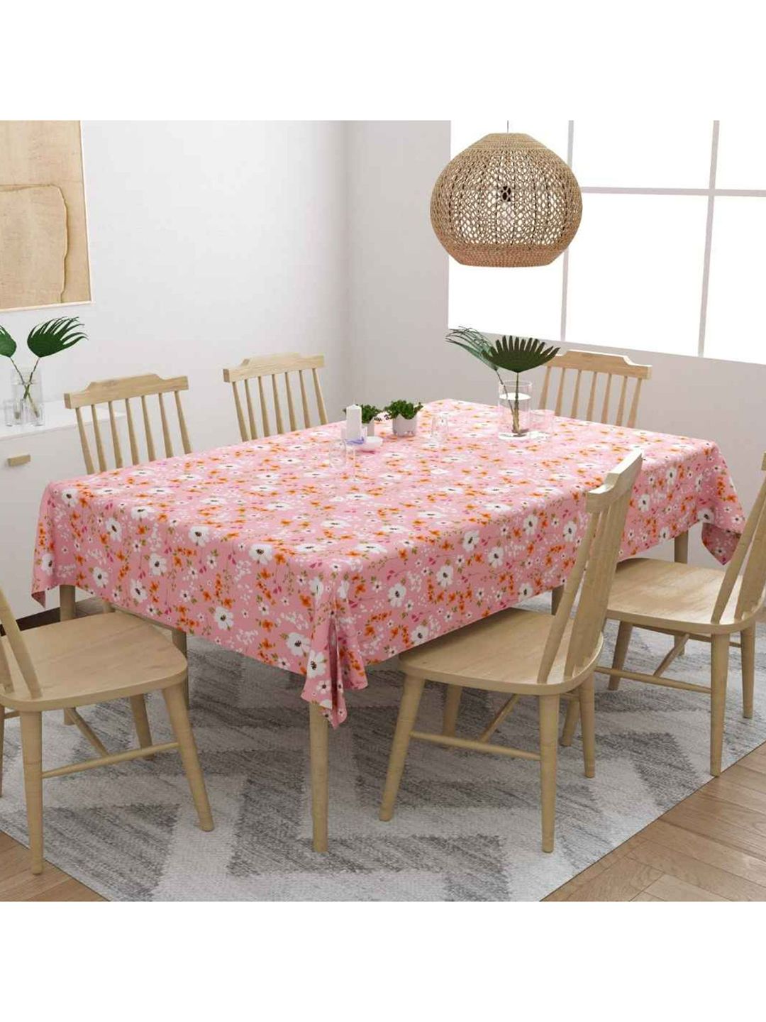 haus & kinder Pink Floral Printed 6-Seater Pure Cotton Table Cloth Price in India