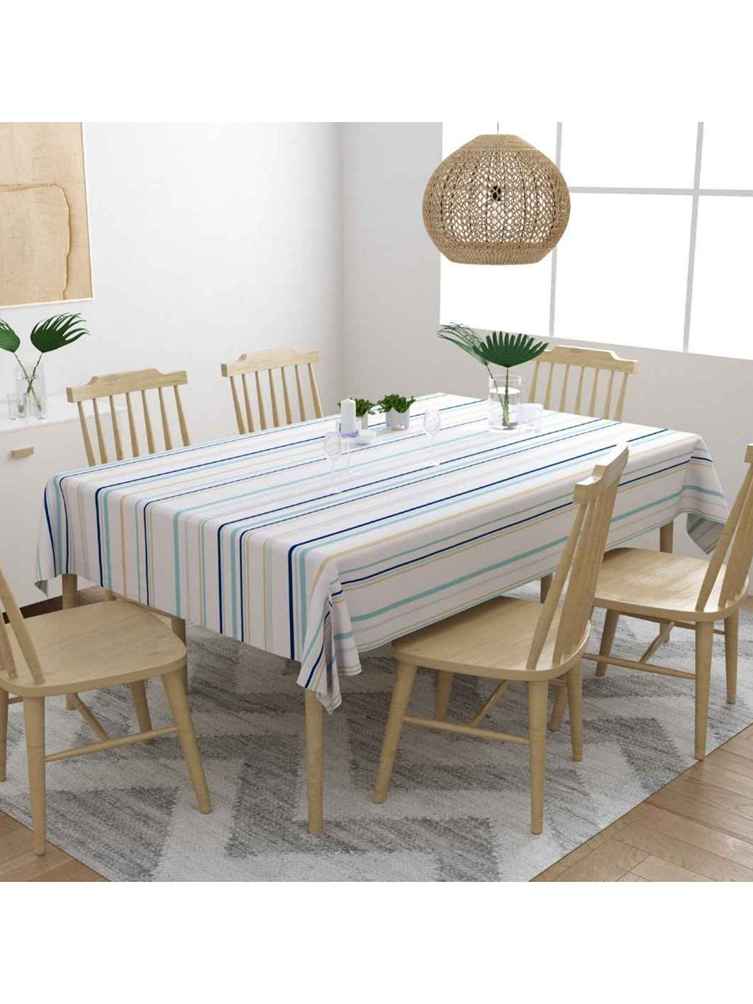 haus & kinder Blue & Beige Striped Cotton 6-Seater Table Cloth Price in India