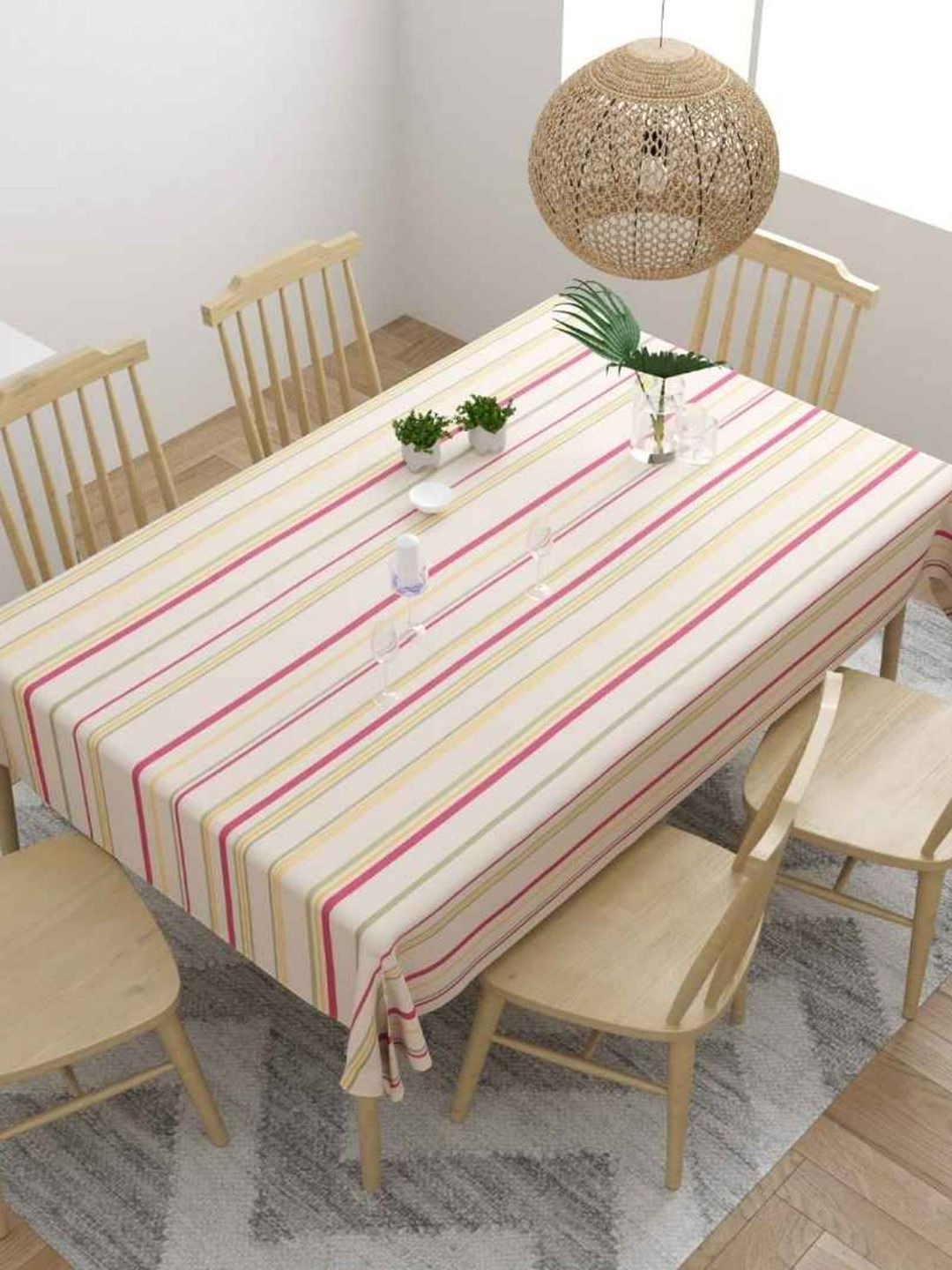 haus & kinder Pink & Peach Striped Cotton 6-Seater Table Cloth Price in India
