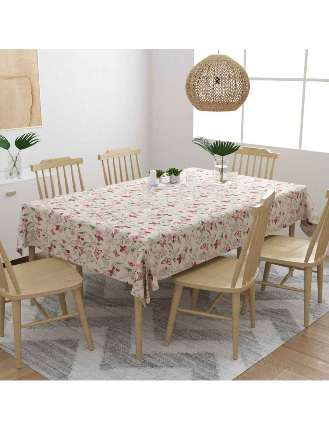 haus & kinder Green & Peach Floral Printed Pure Cotton 6-Seater Table Cloth Price in India