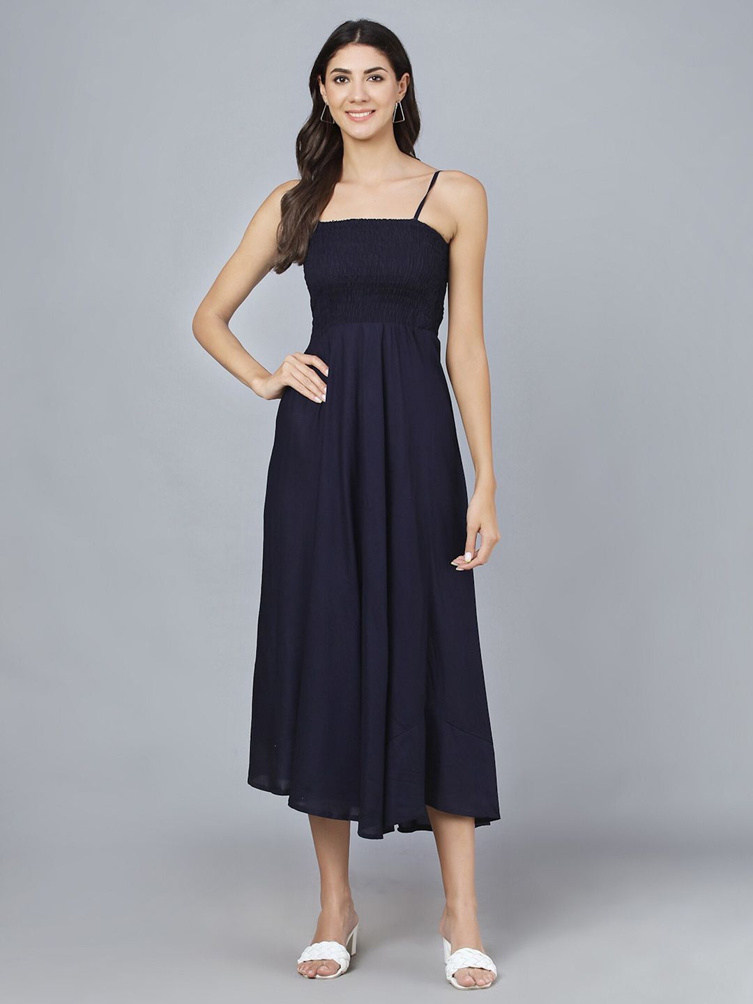 Vastralay Navy Blue Solid Midi Dress Price in India