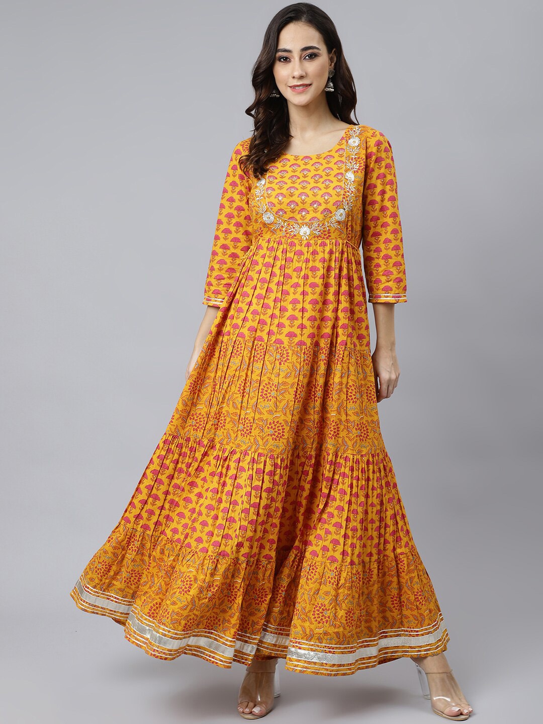 Janasya Mustard Yellow Ethnic Maxi Round Floral Neck Dress Price in India