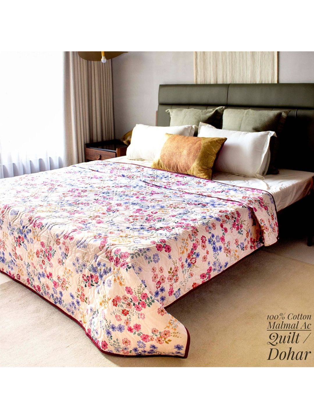 URBAN SPACE White & Blue Floral AC Room 300 GSM Single Bed Comforter Price in India