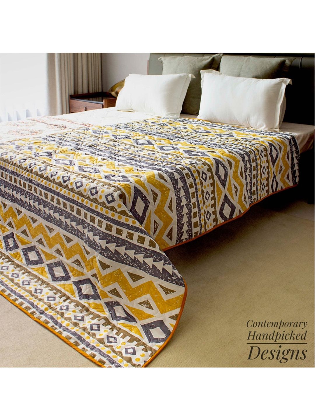 URBAN SPACE Yellow & Blue Geometric AC Room 120 GSM Single Bed Quilt Price in India