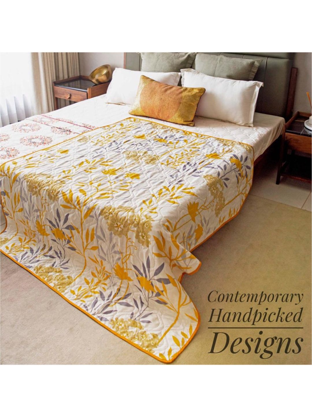 URBAN SPACE Yellow & White Floral AC Room 120 GSM Double Bed Quilt Price in India