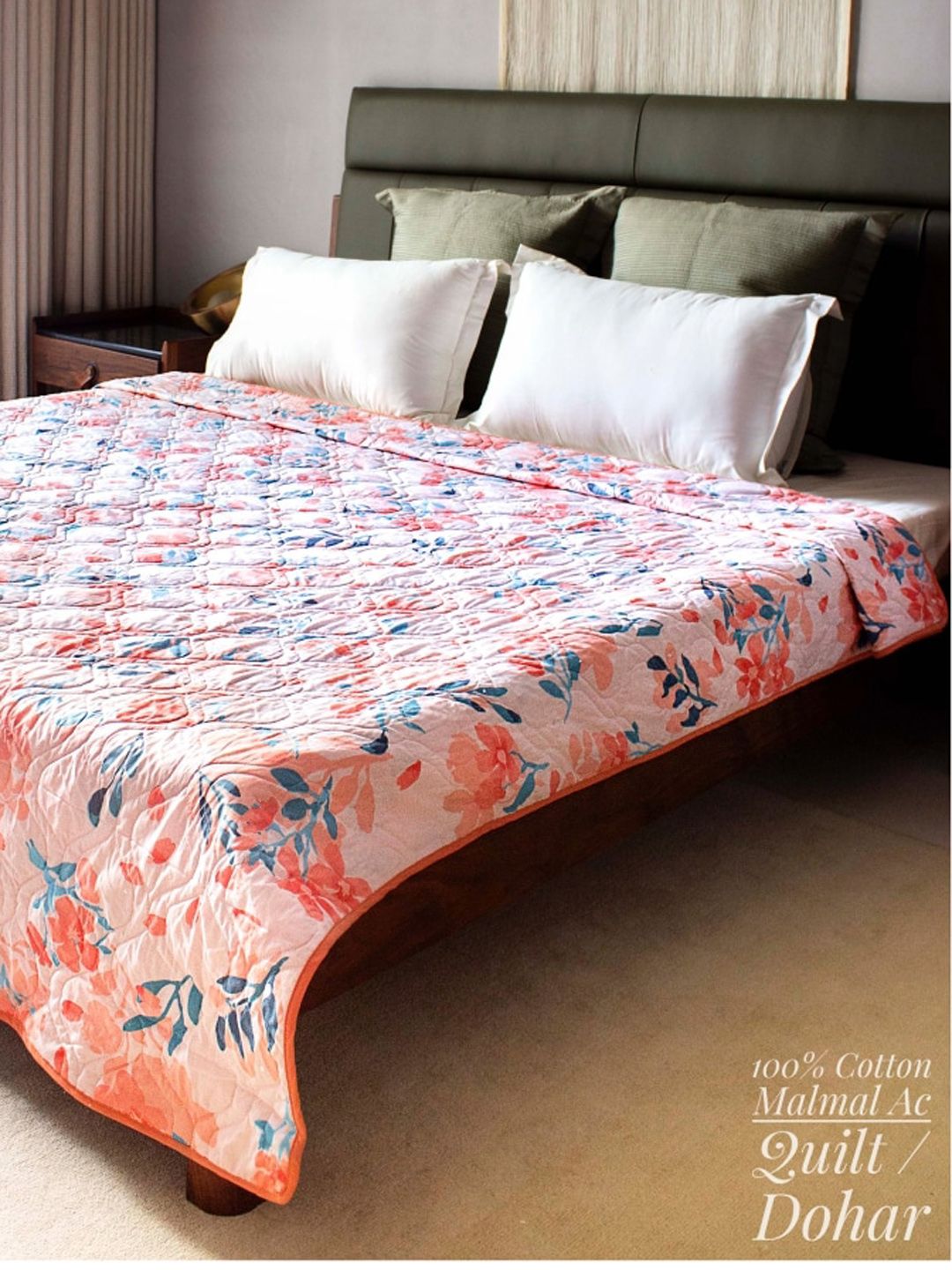 URBAN SPACE Peach-Coloured & Blue Floral AC Room 300 GSM Double Bed Comforter Price in India