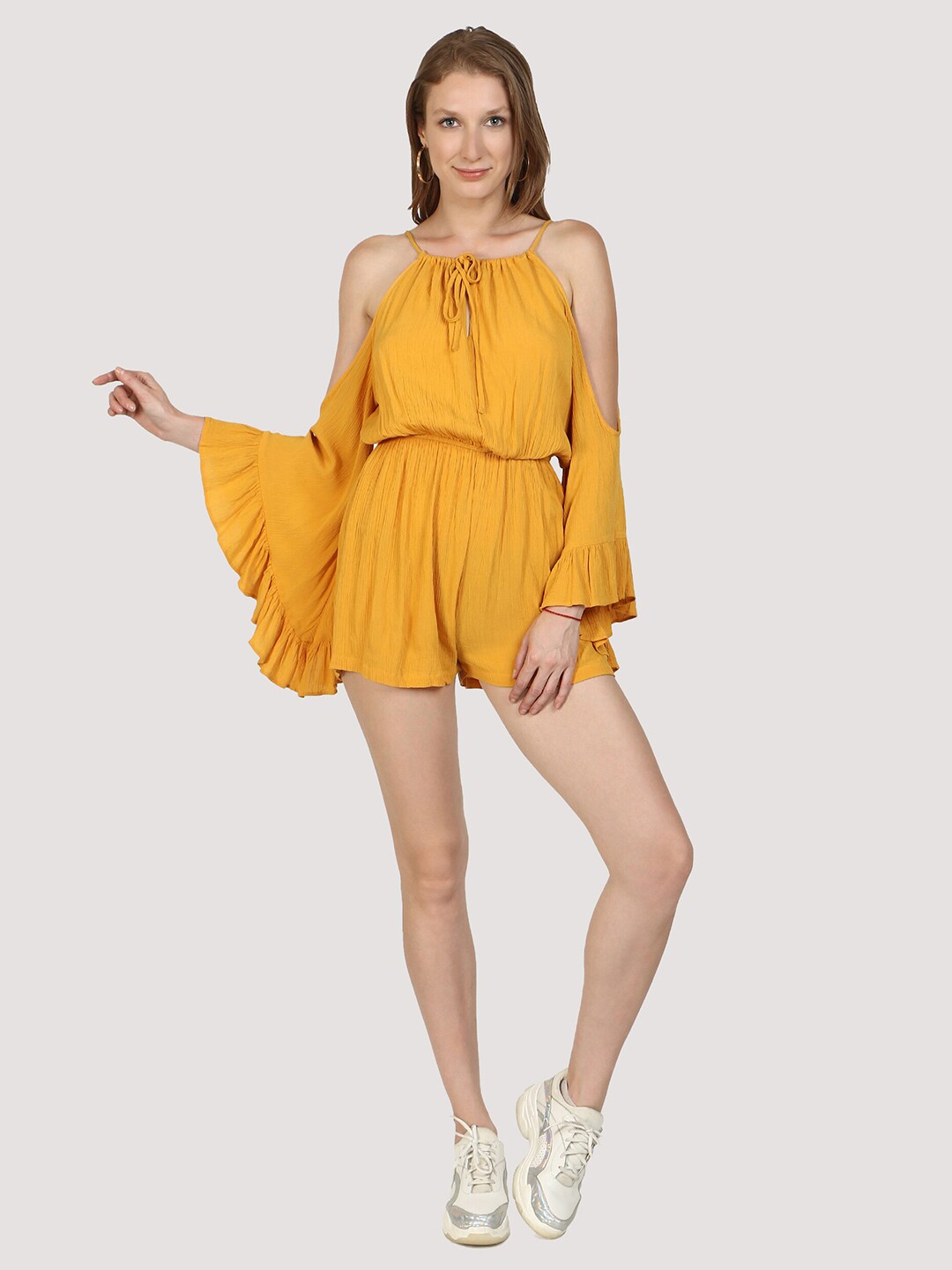 DRIRO Orange Solid Cold-Shoulder Sleeves Rayon Crepe Playsuit Price in India