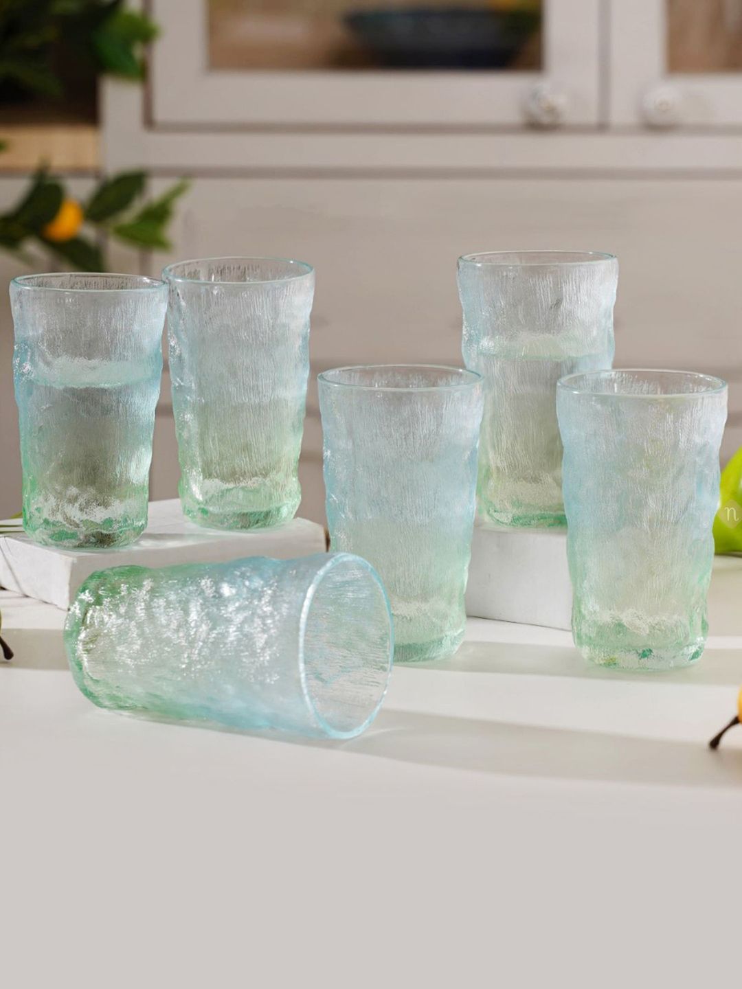 Nestasia Pack Of 6 Green & Blue Tall Glacier Glass Price in India