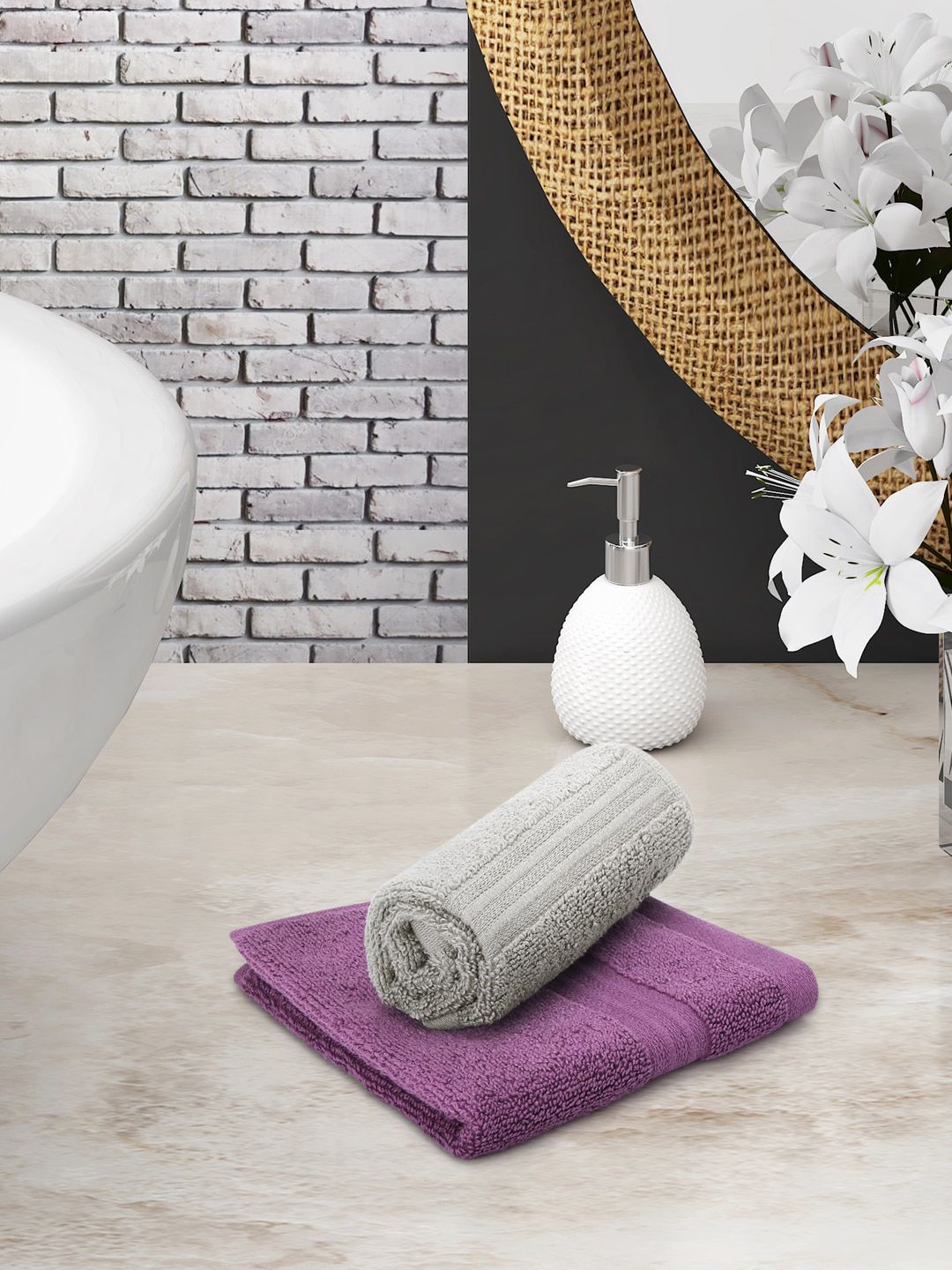 Living scapes by Pantaloons Purple & Grey Set Of 2 Solid 550 GSM Pure Cotton Face Towels Price in India