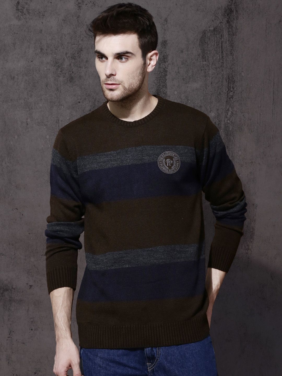 Roadster Men Brown & Navy Blue Striped Pullover