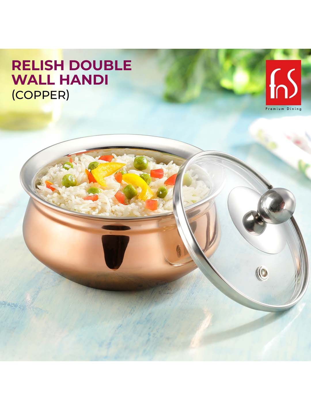 FNS Copper-Toned Stainless Steel Insulated Handi With Glass Lid Price in India