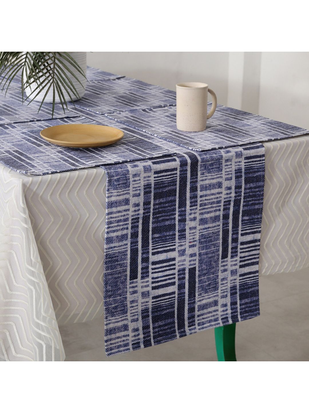 HANDICRAFT PALACE Set Of 7 Blue Striped Cotton Table Runners Price in India