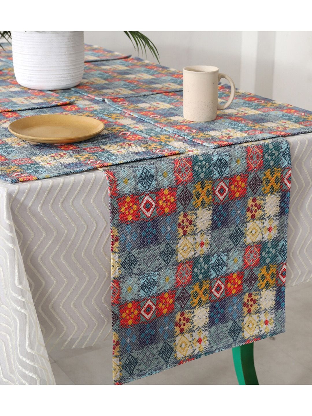 HANDICRAFT PALACE Set Of 7 Blue Printed Pure Cotton Table Placemats & Runner Price in India