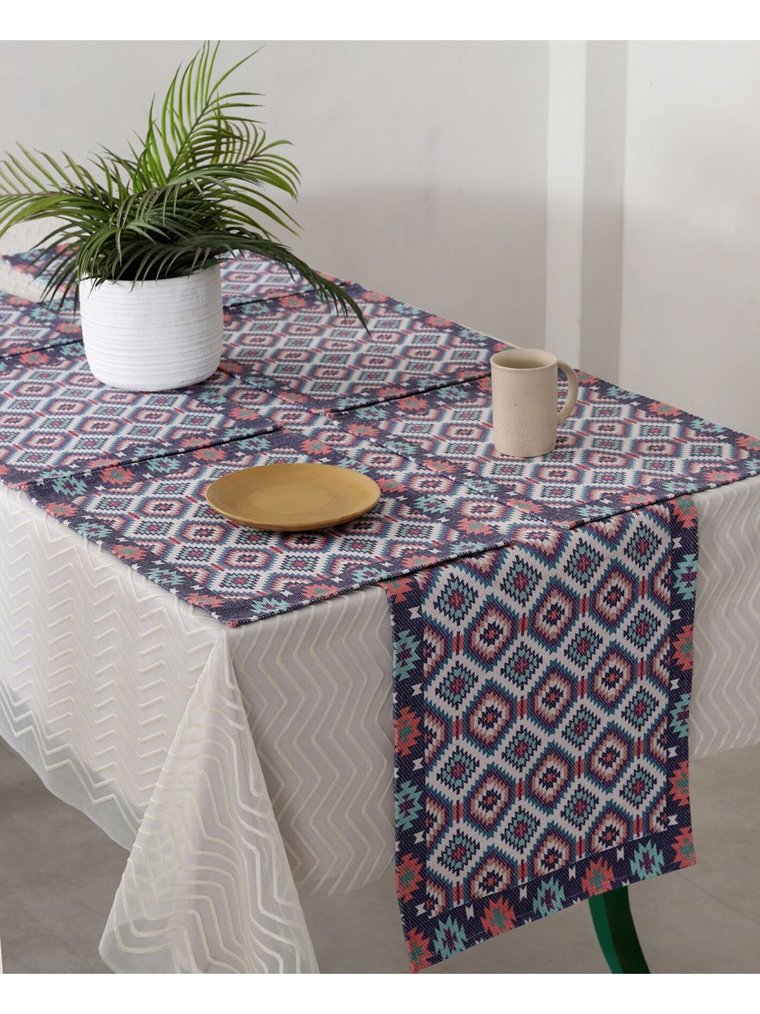 HANDICRAFT PALACE Set of 7 Purple &White Ikat Printed Table Placemats & Runner Price in India