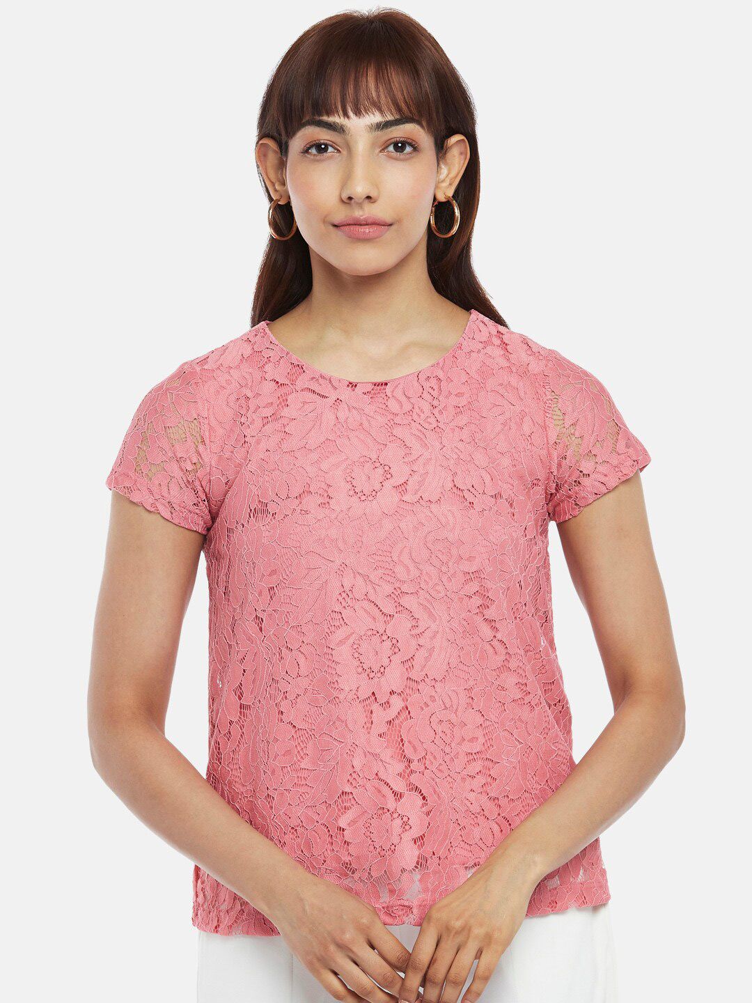 Honey by Pantaloons Women Pink Floral Lace Embroidered Top Price in India