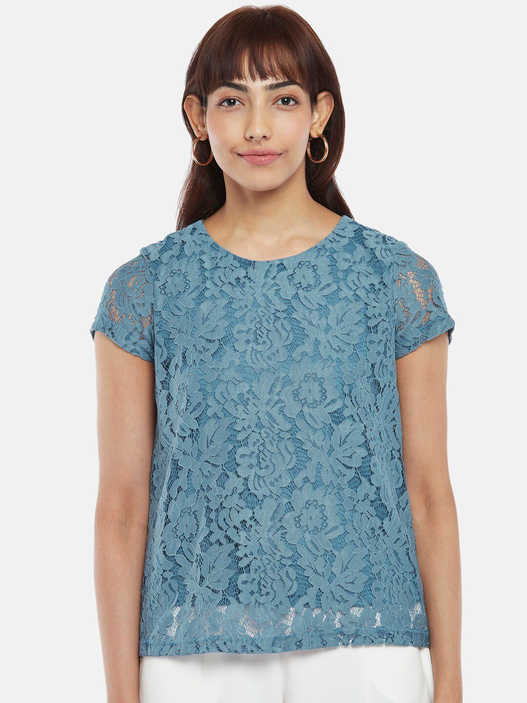 Honey by Pantaloons Blue Floral Embroidered Lace Top Price in India