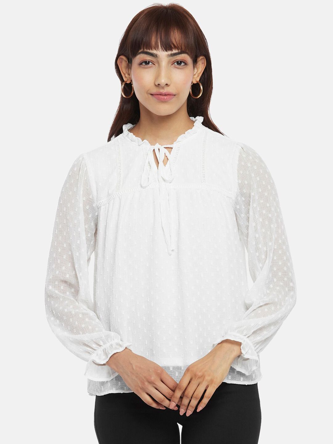 Honey by Pantaloons Women Off White Tie-Up Neck Top Price in India