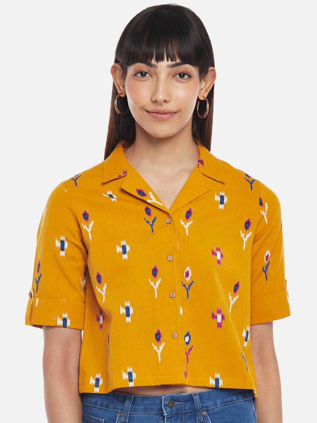 People Yellow Women Print Shirt Style Crop Top Price in India