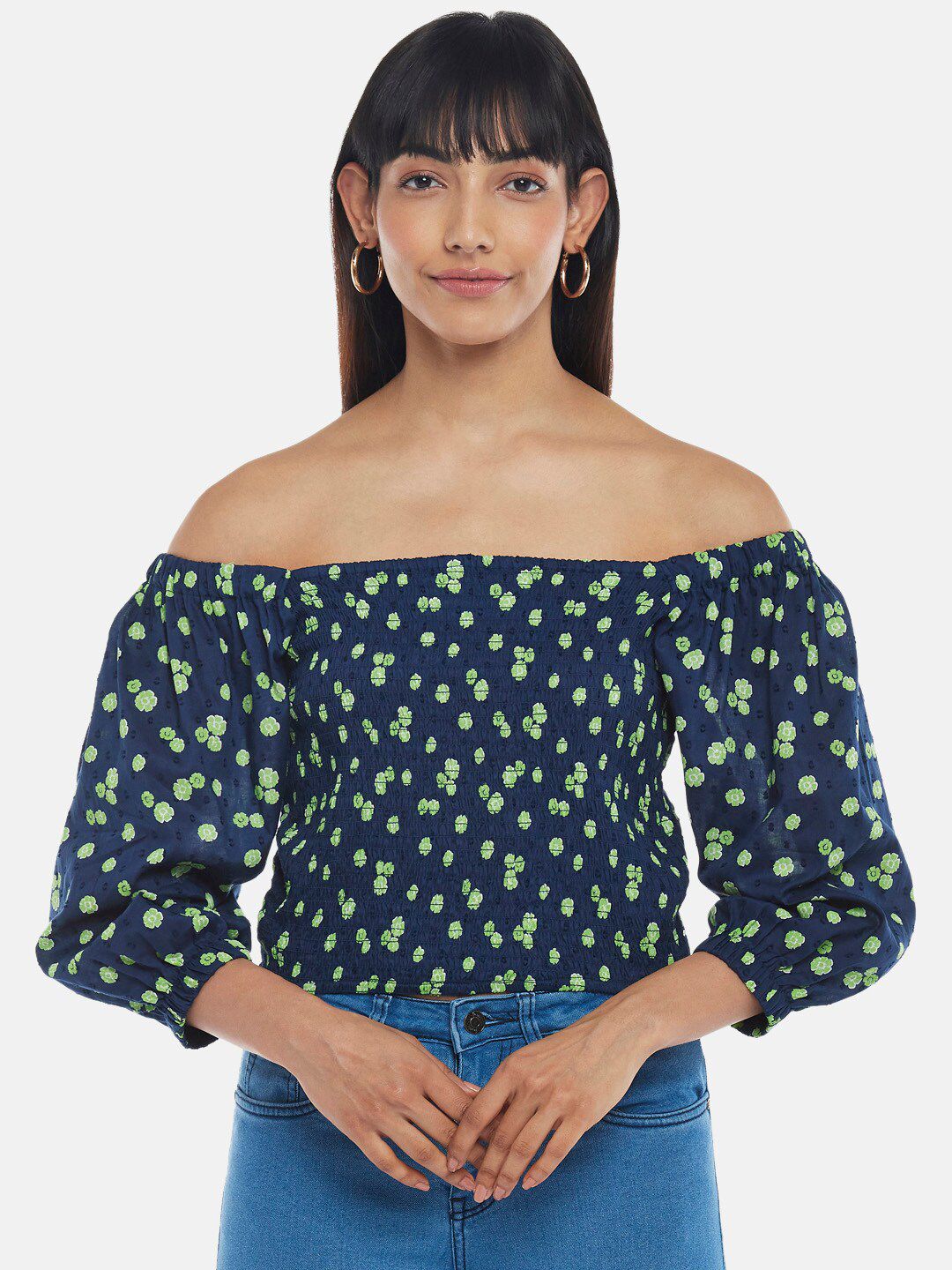 People Navy Blue & Green Geometric Print Off-Shoulder Bardot Top Price in India