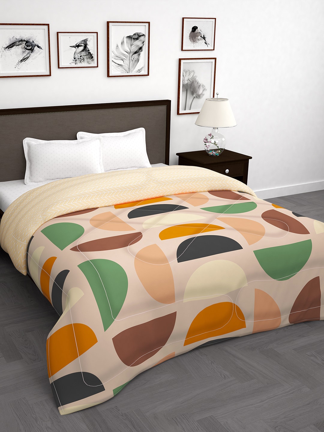 Story@home Peach-Coloured & Green Geometric 180 GSM Reversible Double Bed Comforter Price in India