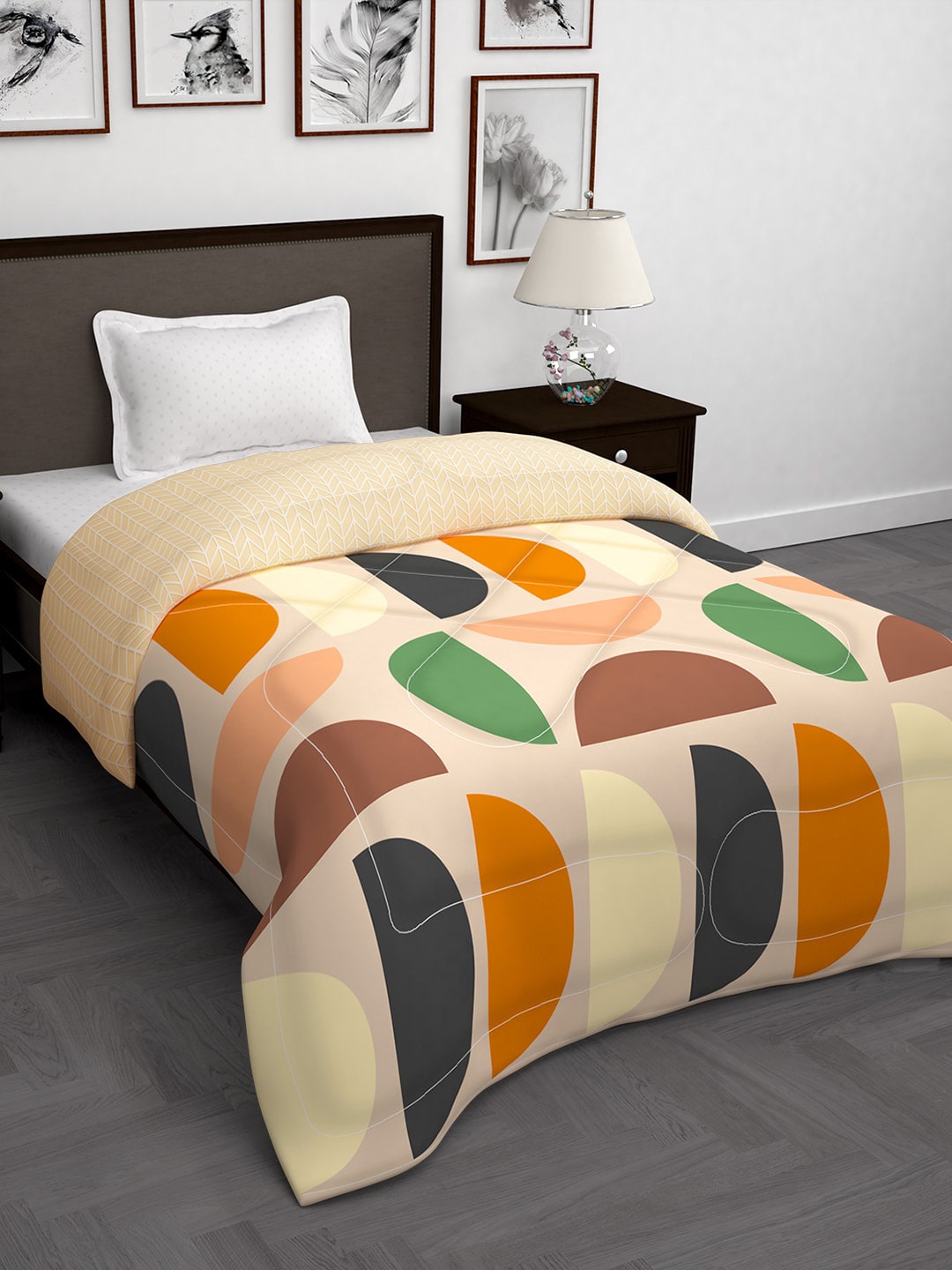 Story@home Peach-Coloured & Green Geometric 180 GSM AC Room Single Bed Comforter Price in India
