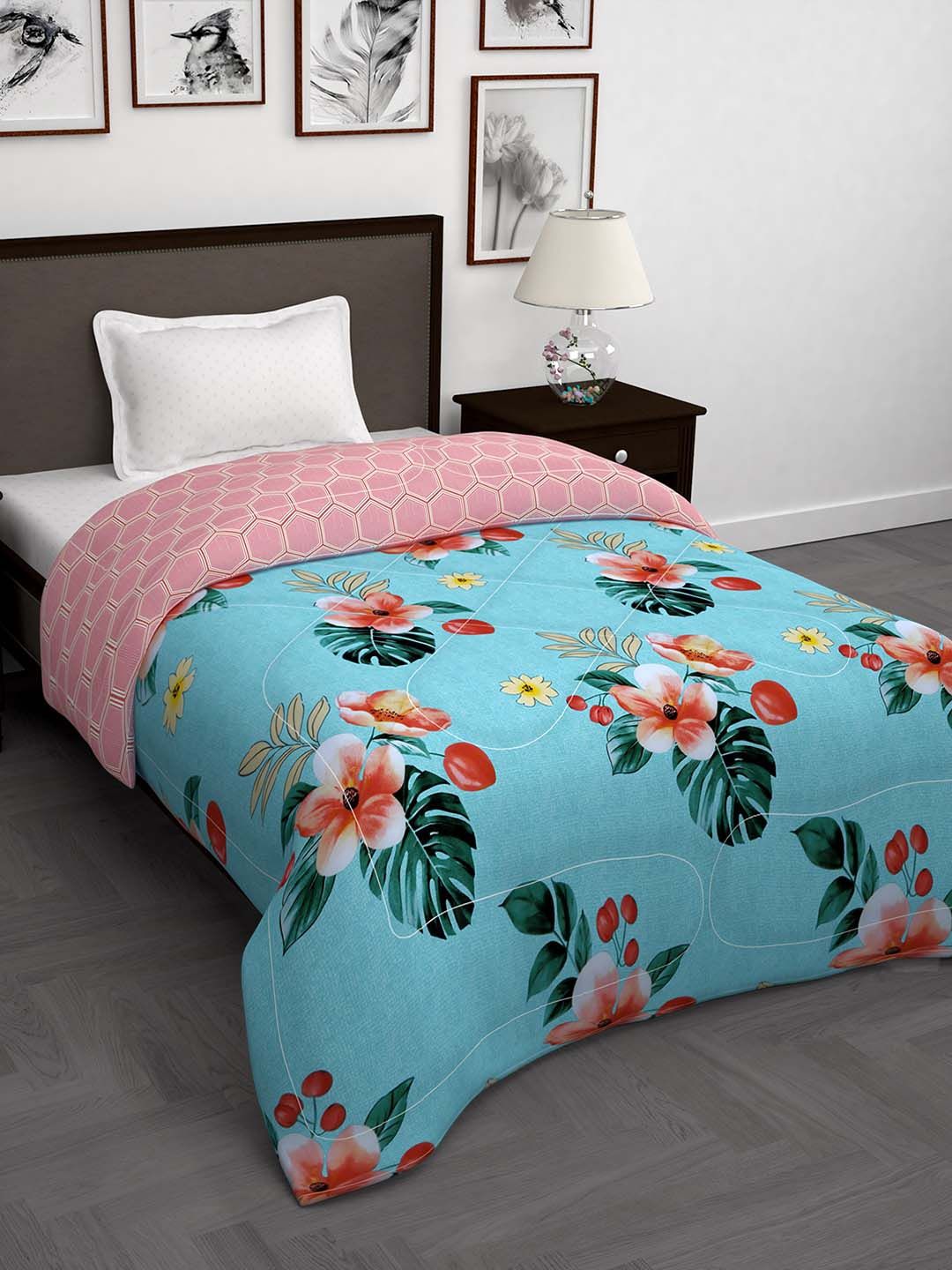 Story@home Blue & Pink Floral 180 GSM AC Room Single Bed Comforter Price in India