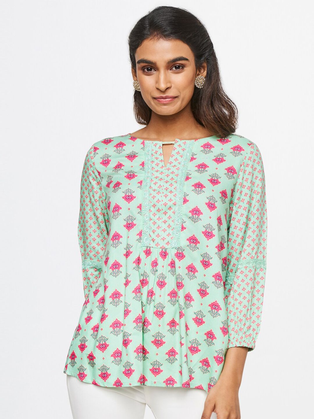 Global Desi Women Green & Pink Printed Rayon Round Neck Top Price in India