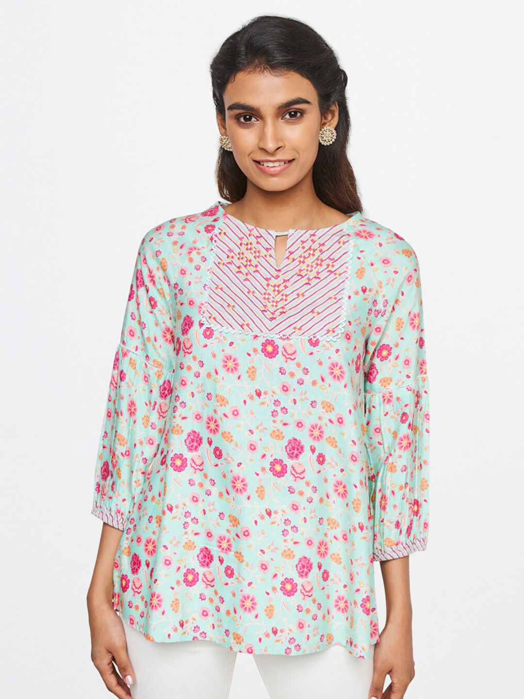 Global Desi Women Blue Floral Print Keyhole Neck Top Price in India