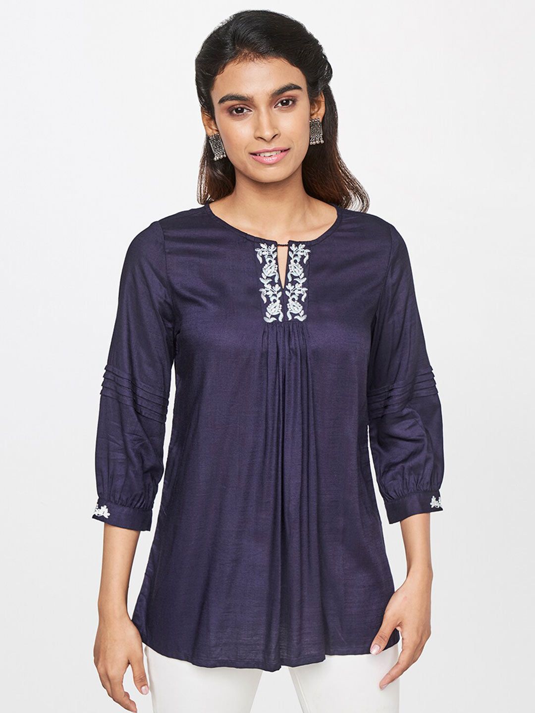 Global Desi Women Blue Keyhole Neck Top Price in India