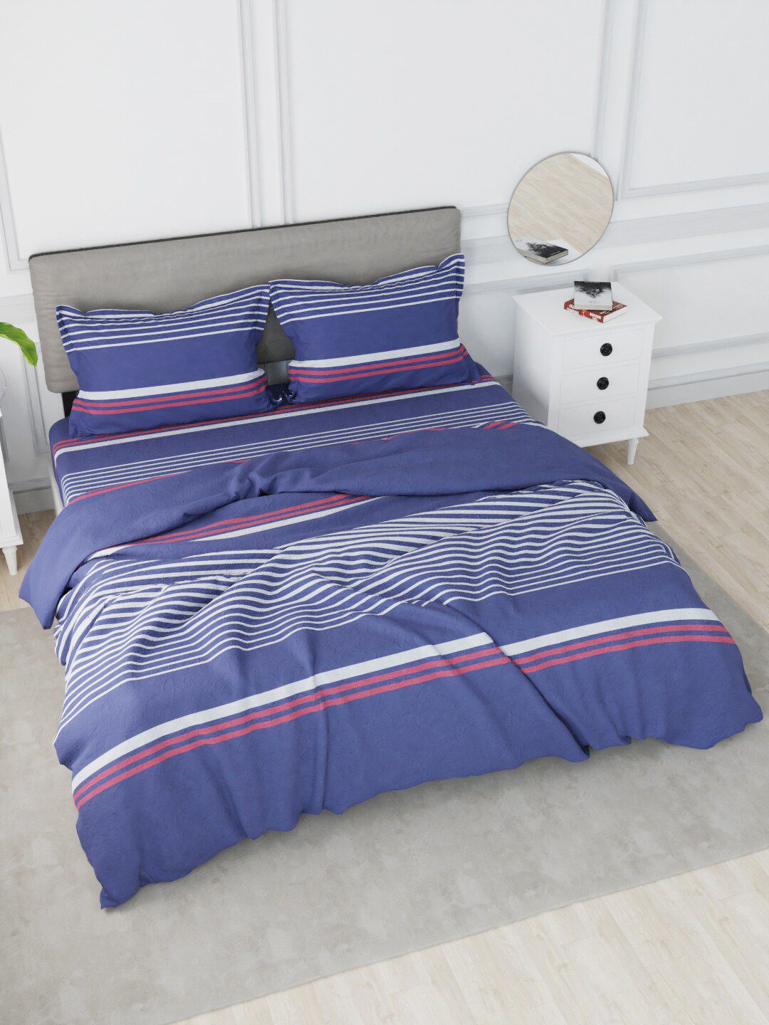 Nautica Blue & Red Striped Cotton Double King Bedding Set With Comforter Price in India