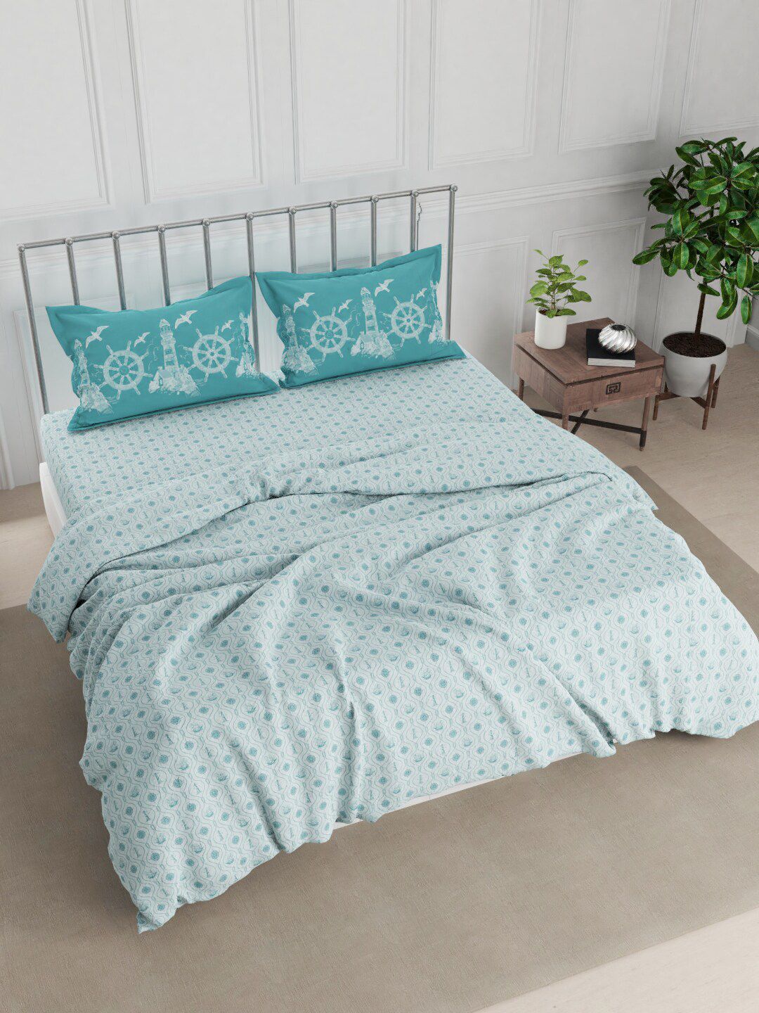 Nautica Turquoise Blue Printed Double King Cotton 150 GSM Bedding Set Price in India