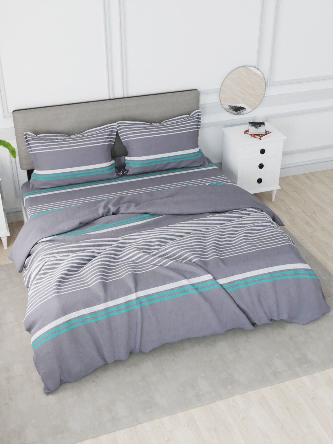 Nautica Grey & Blue Striped Pure Cotton Double King Bedding Set Price in India