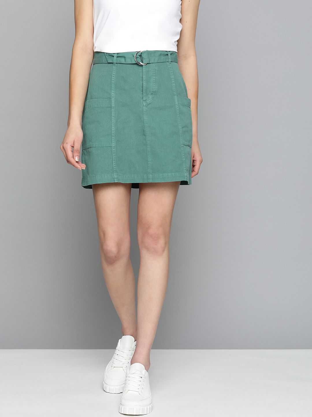 Mast & Harbour Women Pure Cotton Denim Mini Skirt With Belt Price in India
