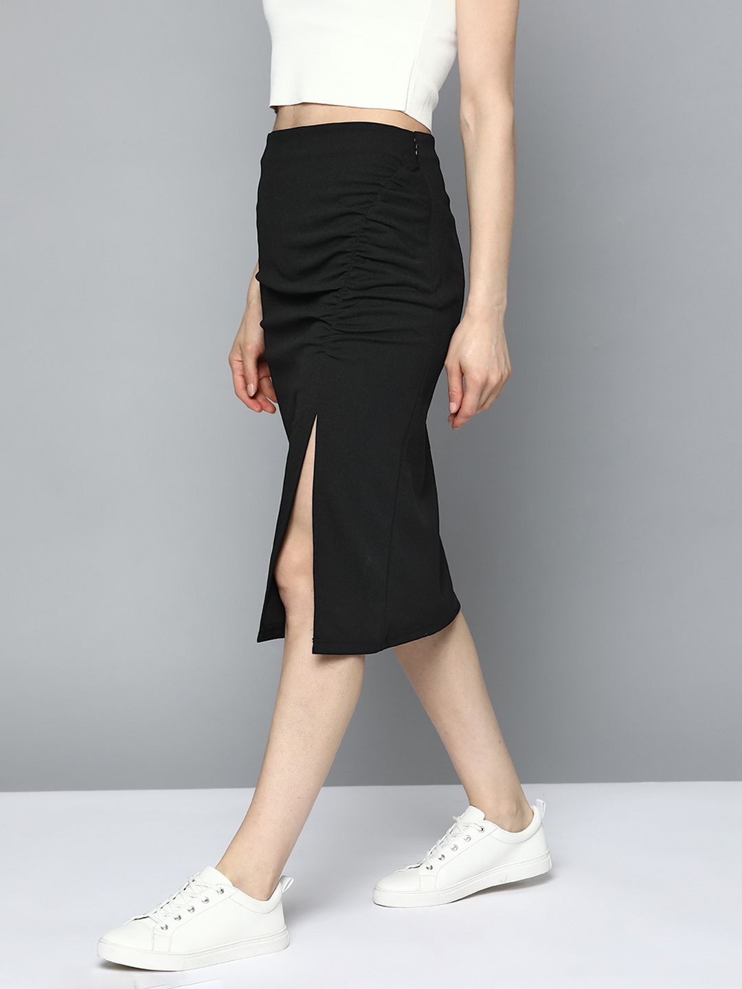 Mast & Harbour Women Black Pure Cotton Solid Ruched Straight Skirt Price in India