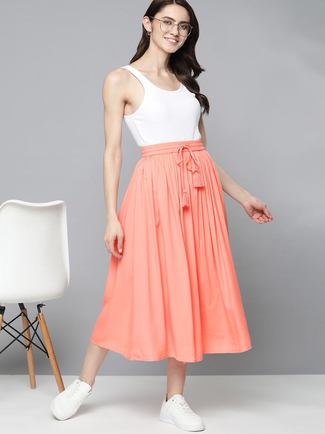 Mast & Harbour Women Peach-Coloured Solid Flared Midi Skirt Price in India
