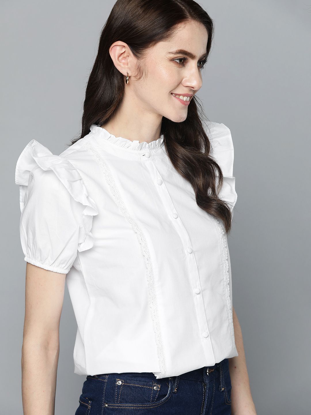 Mast & Harbour White Solid Pure Cotton Puff Sleeve Shirt Style Top With Lace Insert Detail Price in India