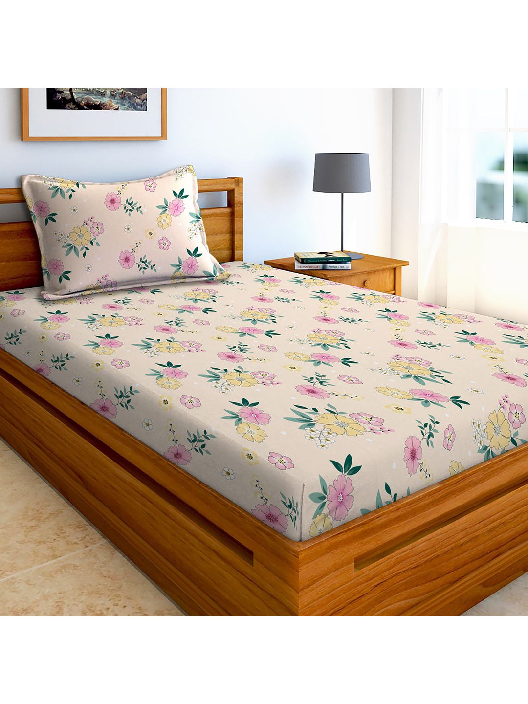 AEROHAVEN Peach-Coloured & White Floral 210 TC Single Bedsheet With 1 Pillow Covers Price in India