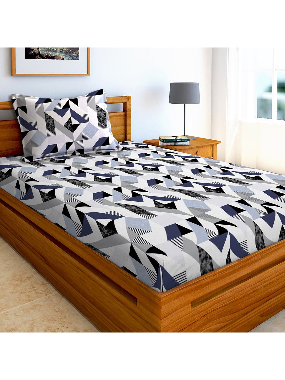 AEROHAVEN Blue & White Geometric 210 TC Single Bedsheet with 1 Pillow Covers Price in India
