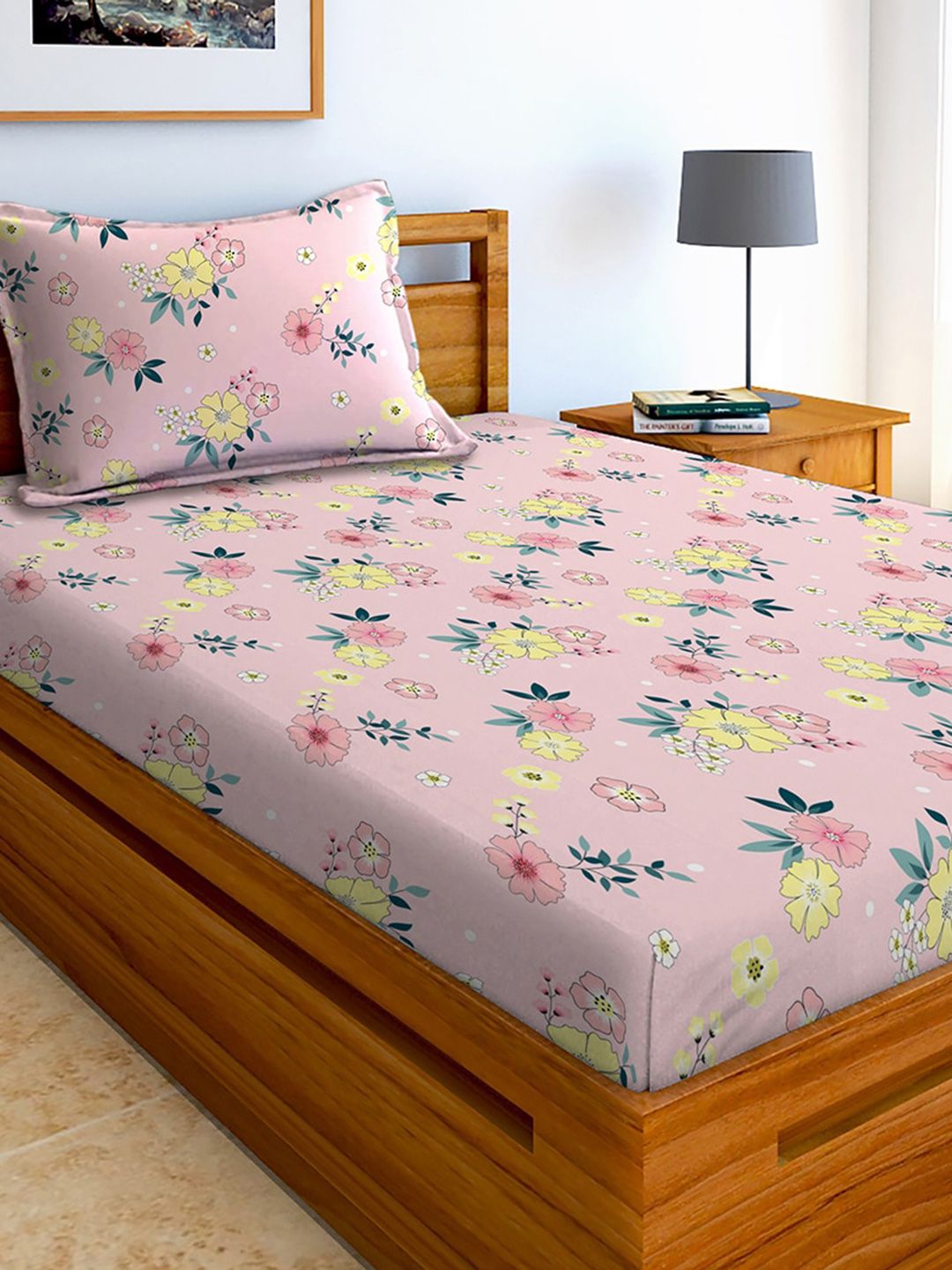 AEROHAVEN Pink & Blue Floral 210 TC Single Bedsheet with 1 Pillow Covers Price in India
