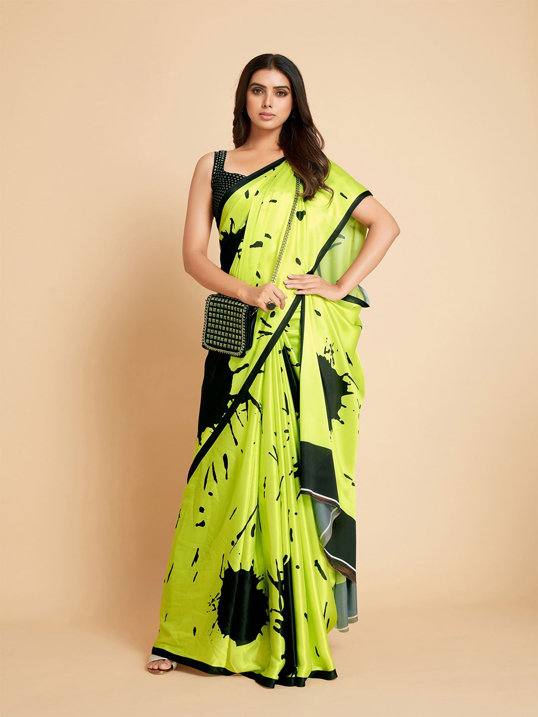 all about you Lime Green & Black Tie and Dye Satin Saree Price in India